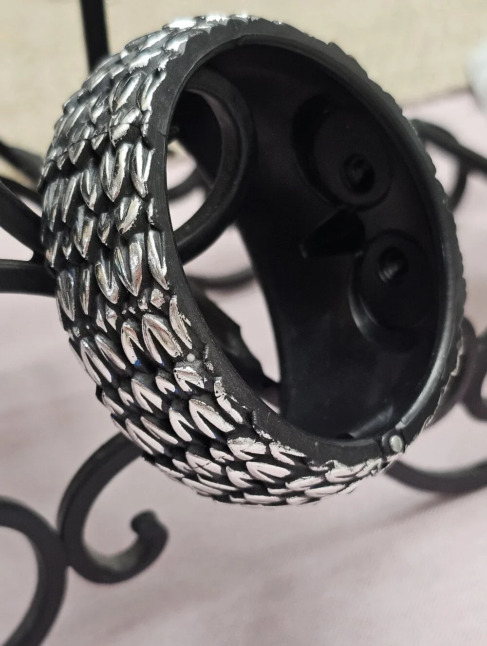 Owl Bangle Bracelet 7.75 inch Wrist Hinged Black Acrylic With Silvertone Accents